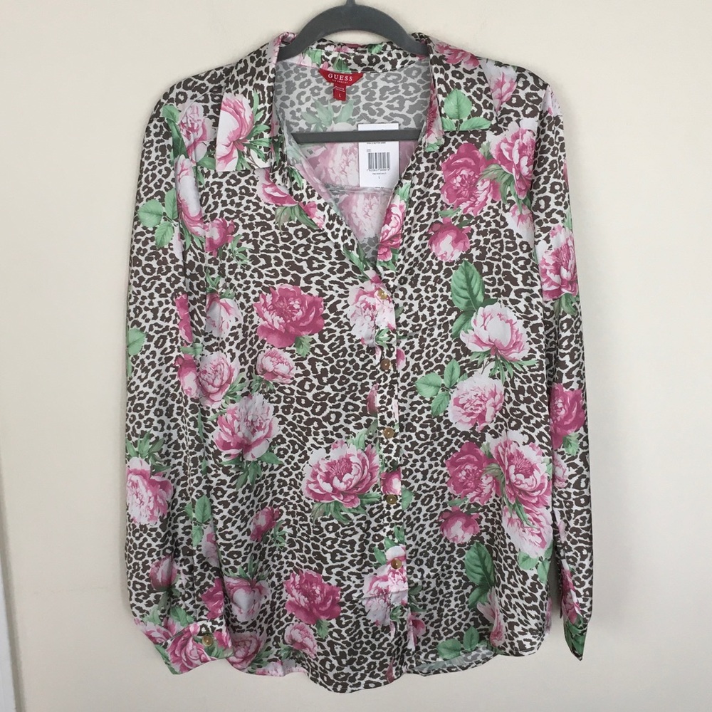 NWT Guess Floral Leopard Button-Up Blouse